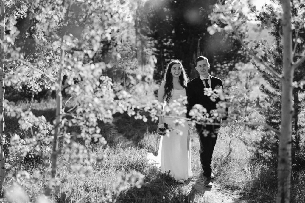 Bride and groom photos in the aspen grove near Steamboat Springs, Colorado