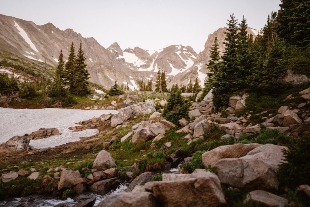 Lake Isabelle waterfall at sunrise