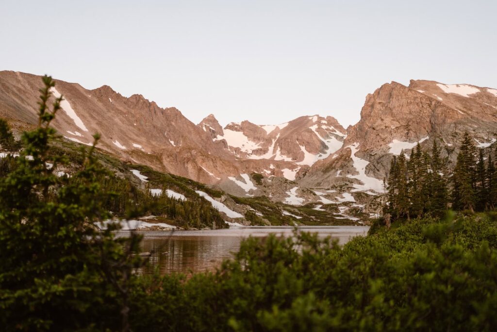 Landscape of Lake Isabelle in Colorado at sunrise