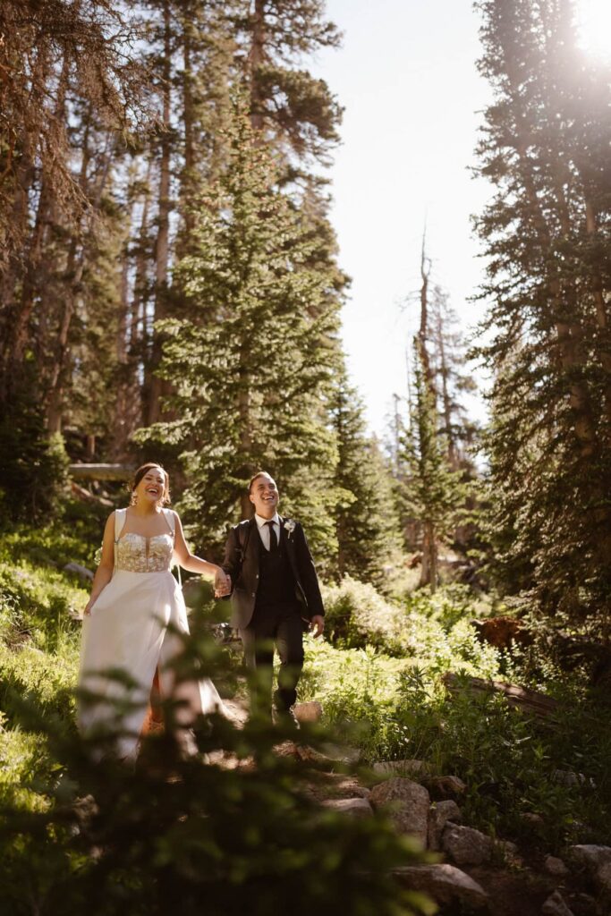 Couple hiking on their wedding day