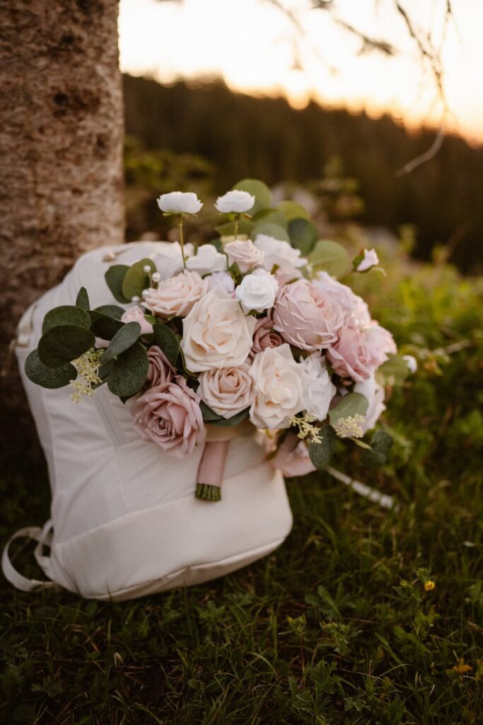 Wedding bouquet in a backpack