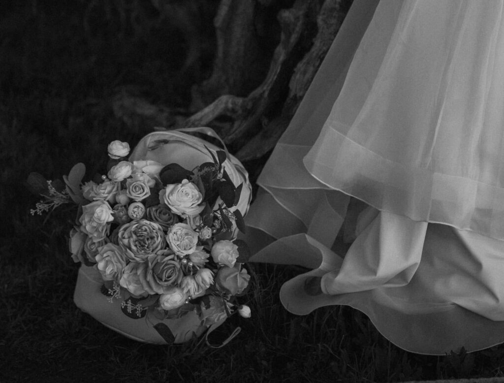 Bridal bouquet in a backpack