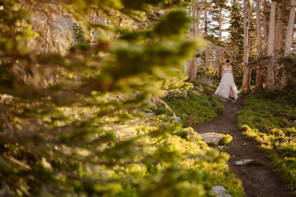 Bride wandering down a hiking trail