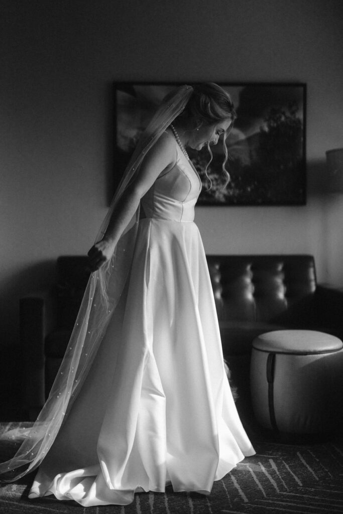 Bride with wedding dress on