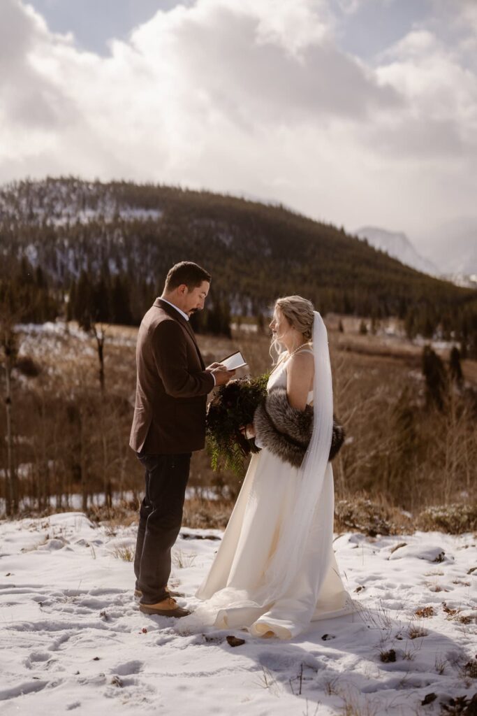 Winter wedding ceremony in the mountains of Breckenridge, Colorado