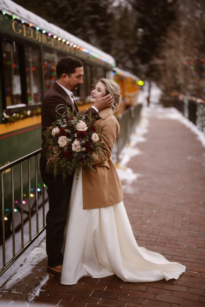 Romantic wedding photos with a train