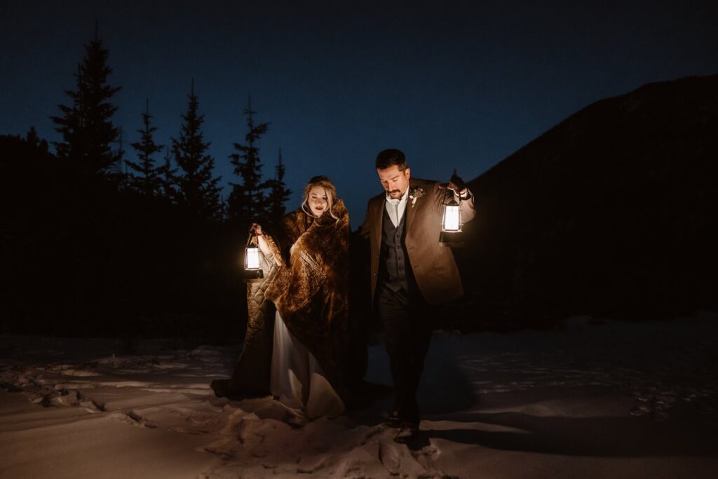 Night time bride and groom photos with lanterns