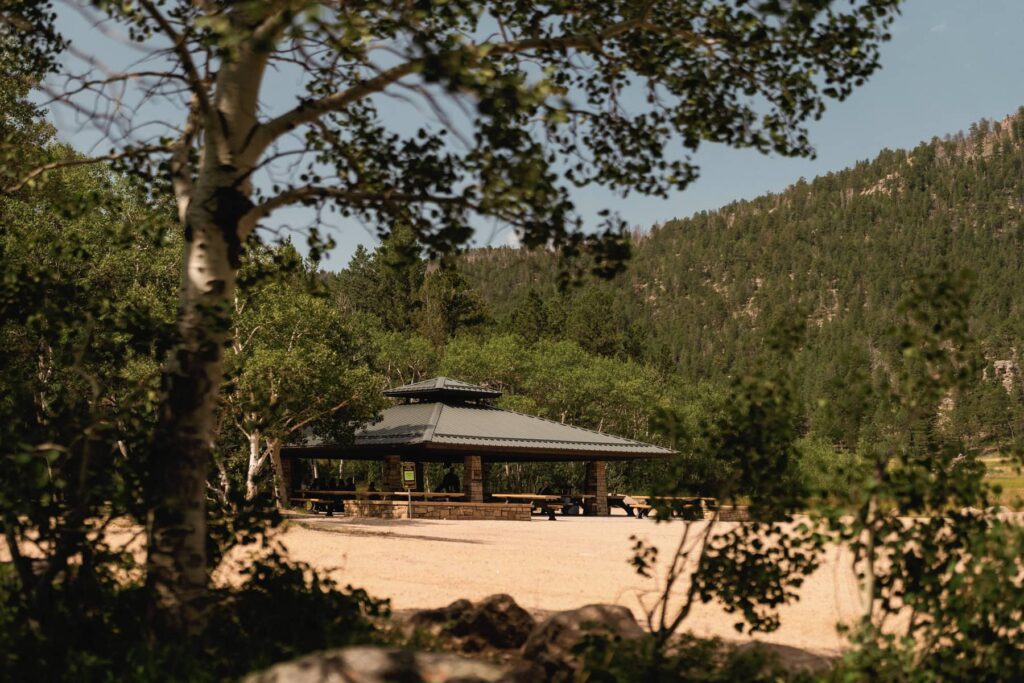 View of Hermit Park Pavilion with aspen trees