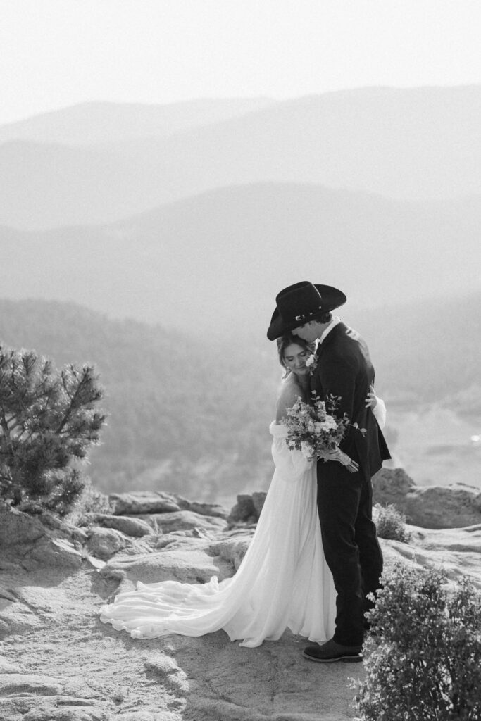 Bride and groom hugging