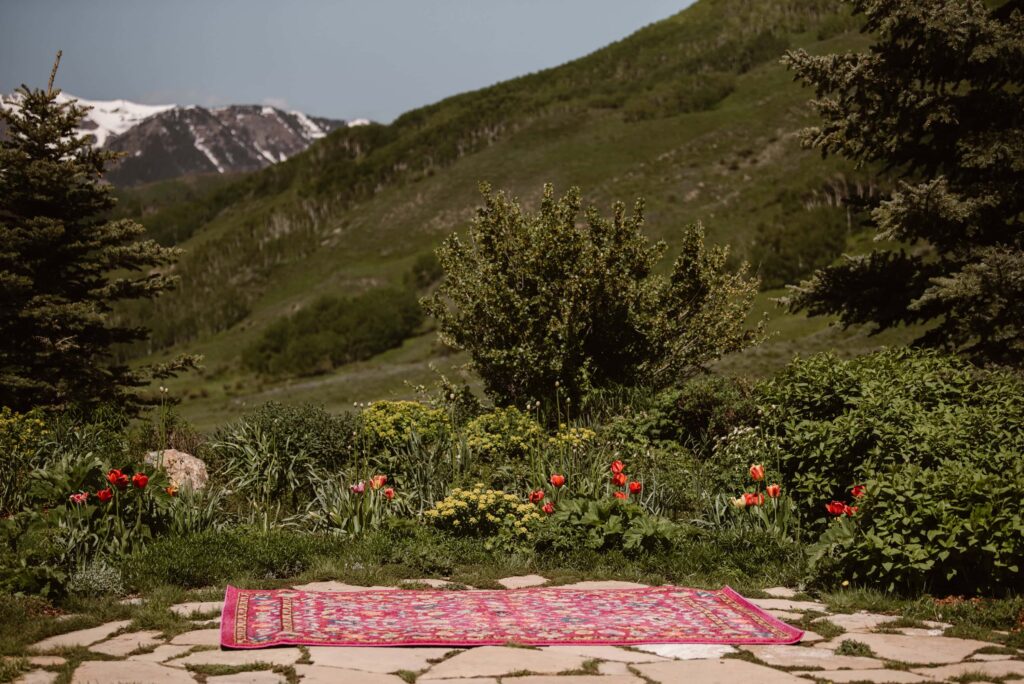 Rug at ceremony site at Mountain Wedding Garden in Crested Butte, CO