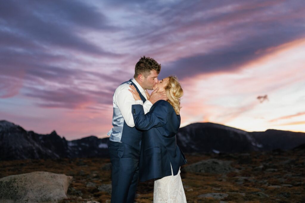 Bride and groom mountain sunset photos