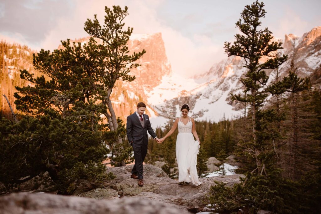 Sunrise lighting at Dream Lake in RMNP