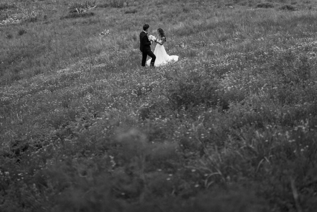 Black and white image of bride and groom in a vast wildflower meadow
