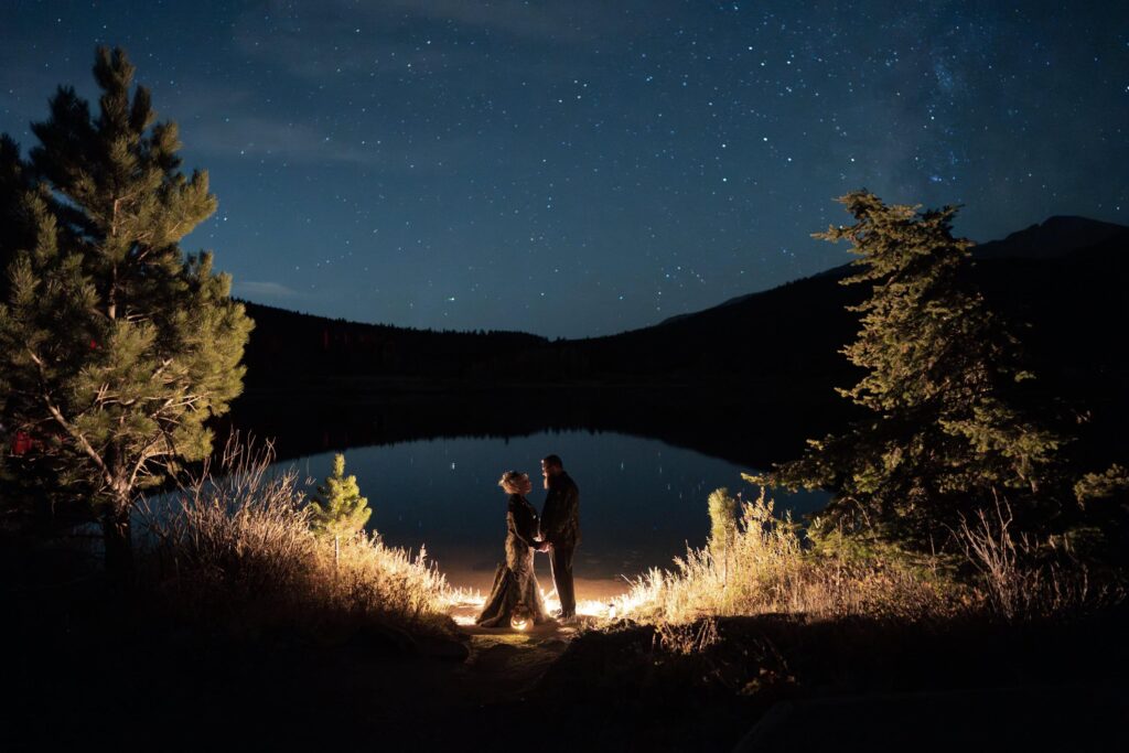 Romantic night time wedding photos with starry skies