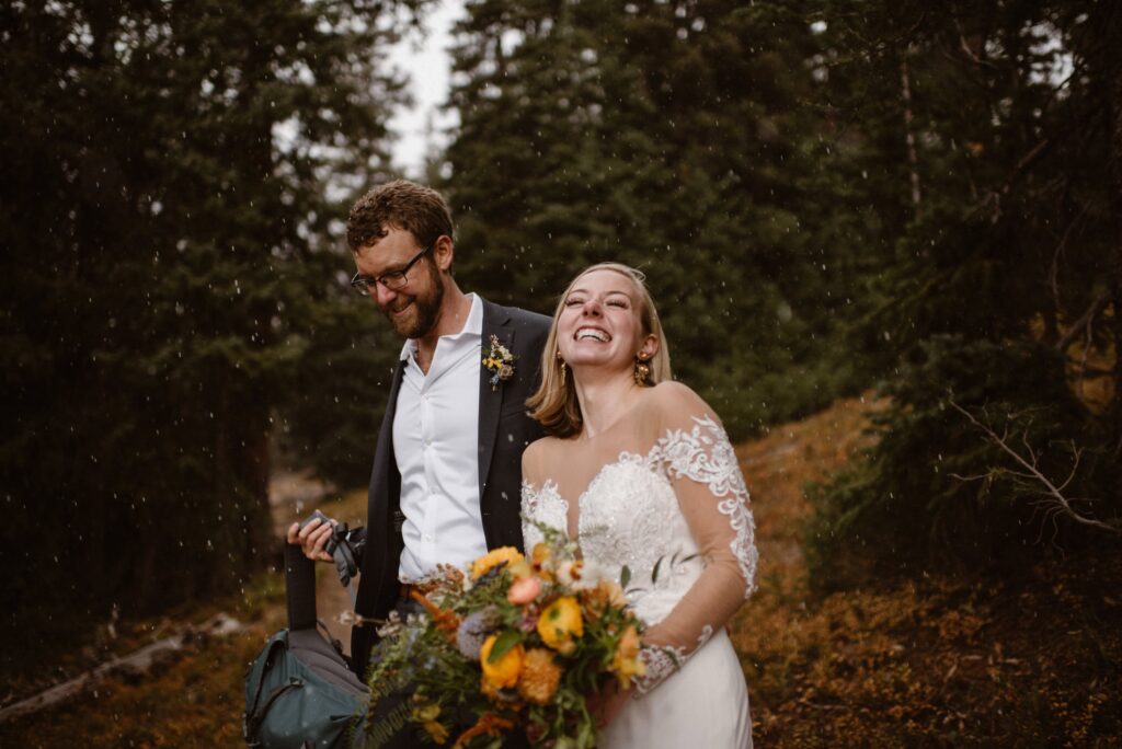 Bride and groom caught in a snowstorm