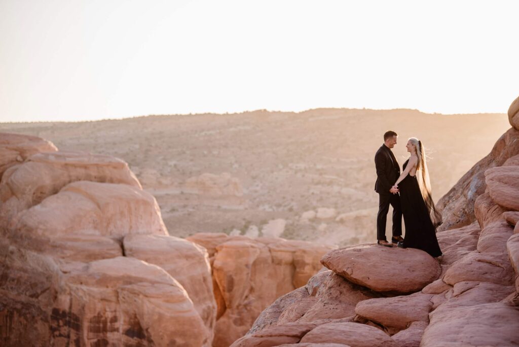 Black wedding dress and suit in Moab, Utah