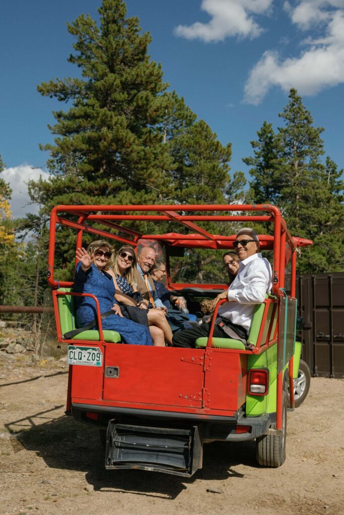 Wedding guests on Green Jeep Tours in Estes Park