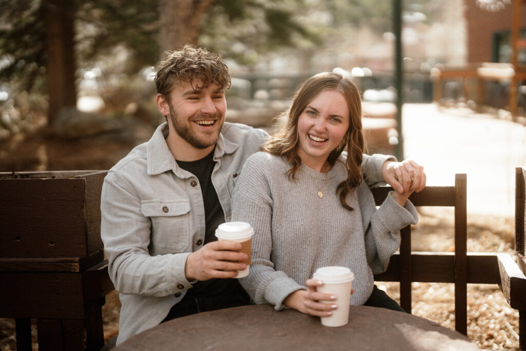 Romantic coffee shop engagement photos in Estes Park, Colorado