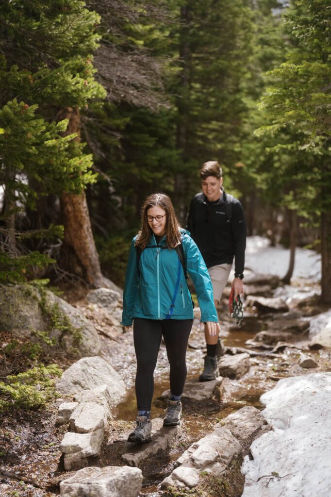 Couple hiking down from Mills Lake
