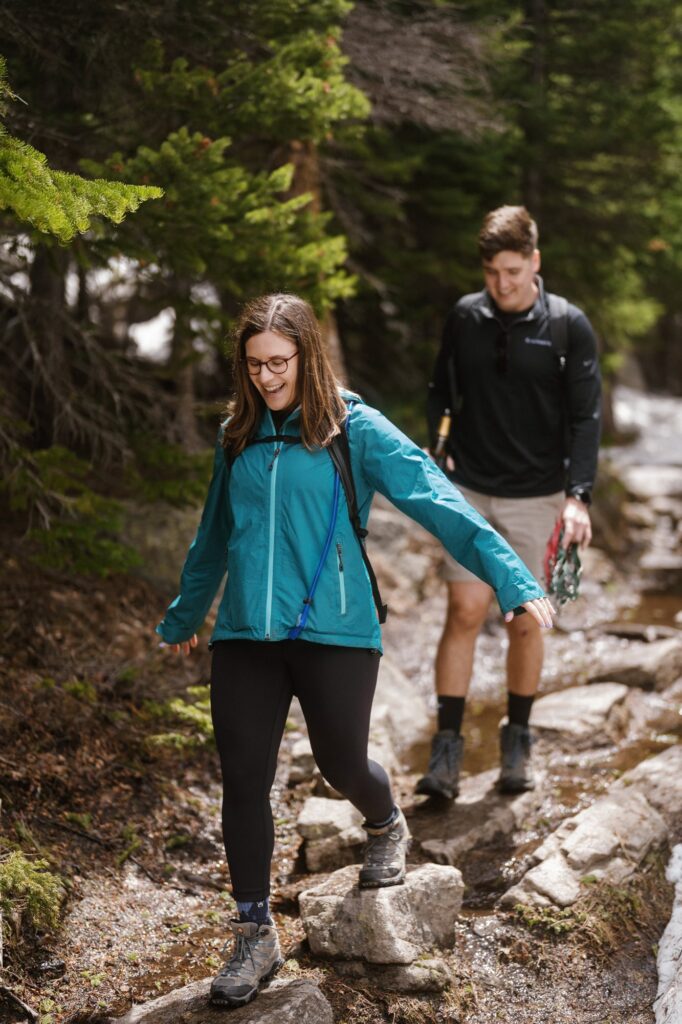 Hiking engagement photos in Estes Park
