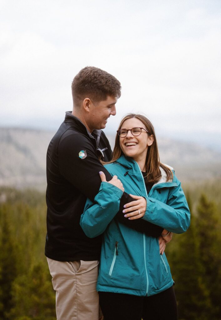 RMNP engagement photos at mountain overlook in Glacier Gorge