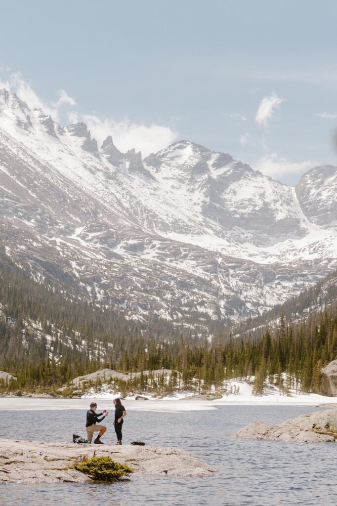 Surprise proposal at Mills Lake in Rocky Mountain National Park