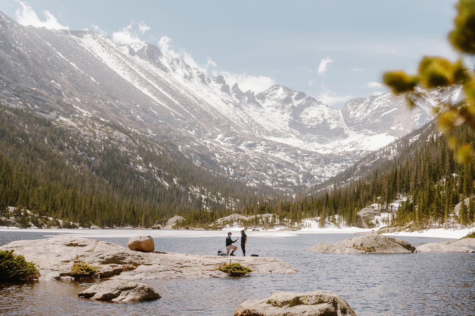 Couple getting engaged at Mills Lake
