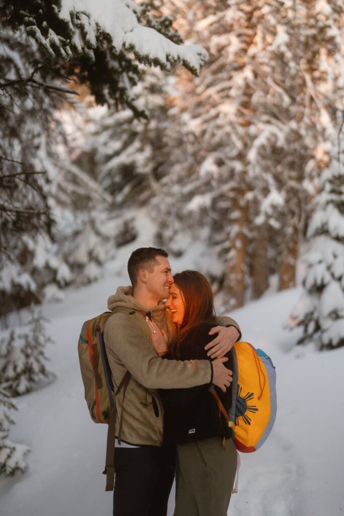 Snowy Estes Park hiking engagement