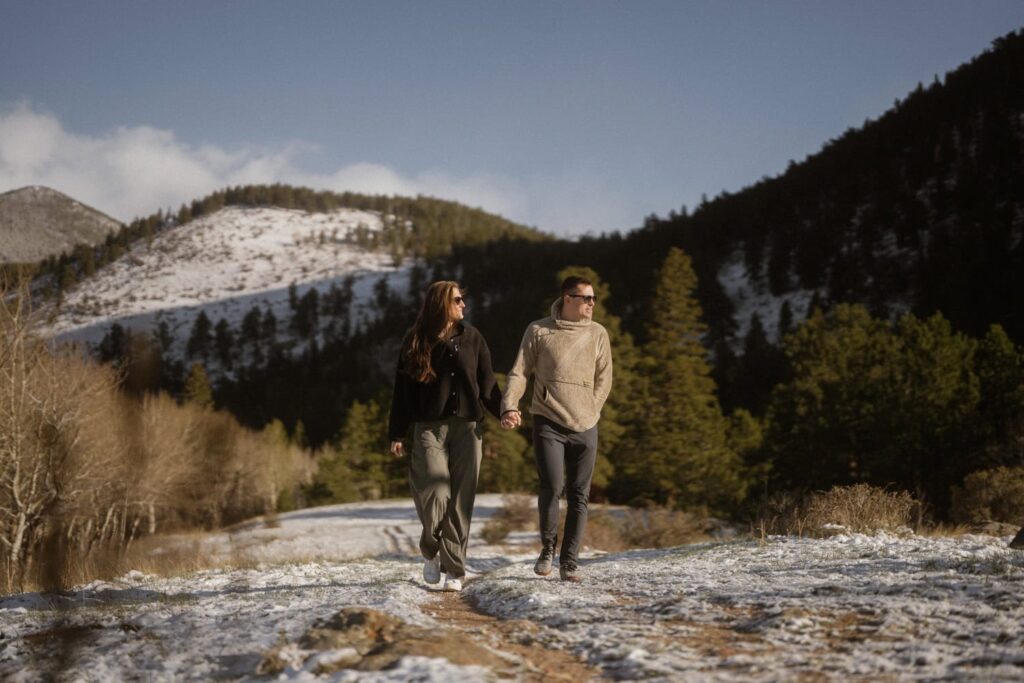 Estes Park engagement photos in the snowy mountains