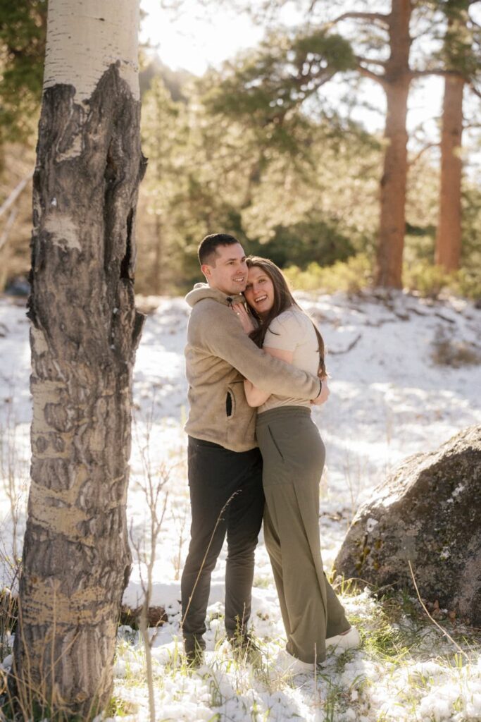 Snowy engagement photos in Estes Park