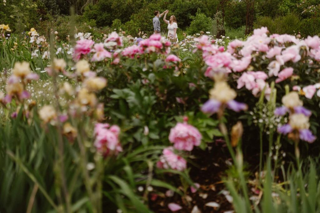 engagement photos in a flower garden