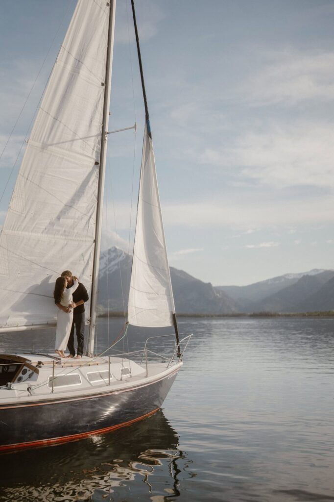 Romantic sailboat engagement photos at Dillon Marina