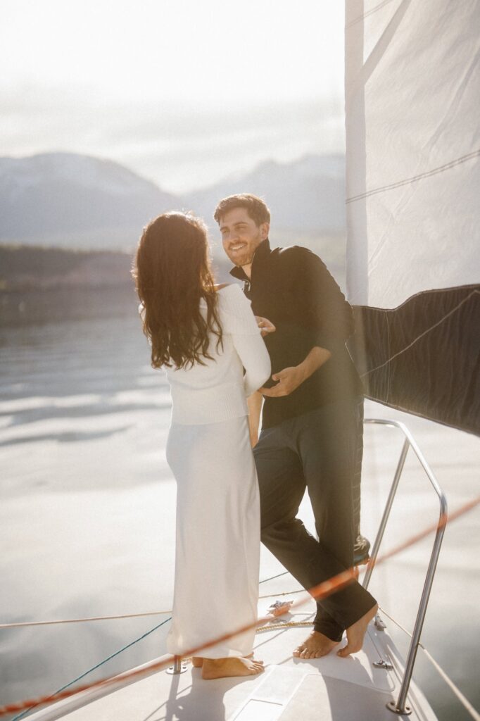 Storytelling engagement photos on a boat