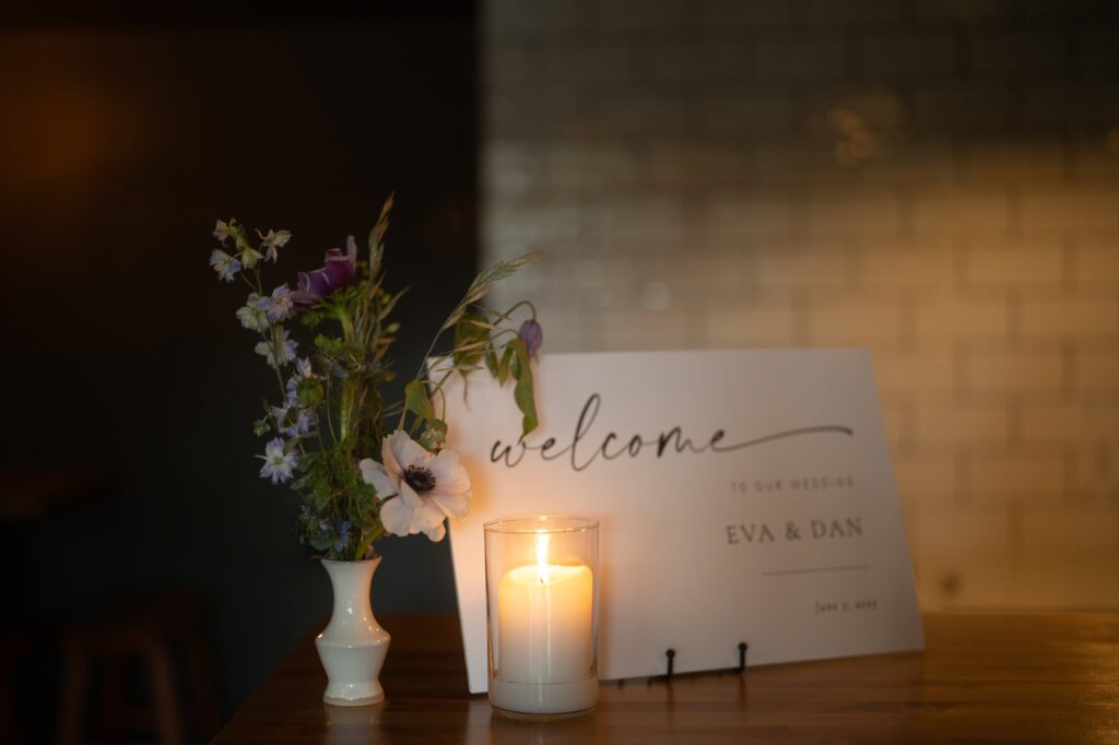 Welcome sign at wedding reception