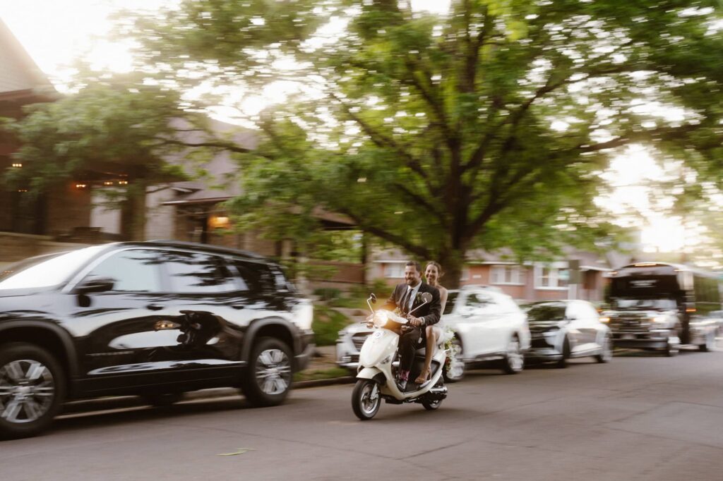 Scooter wedding getaway photos in Denver Colorado