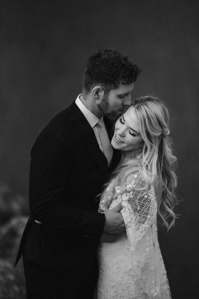 Moody black and white wedding portraits