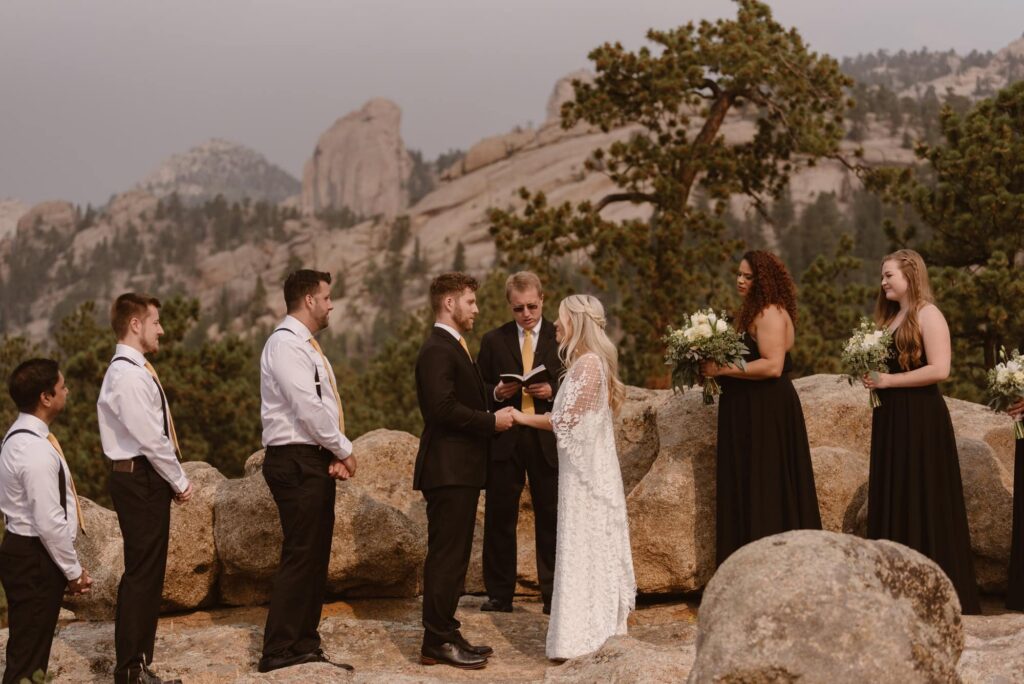 Outdoor wedding ceremony at Aspen Falls in Estes Park