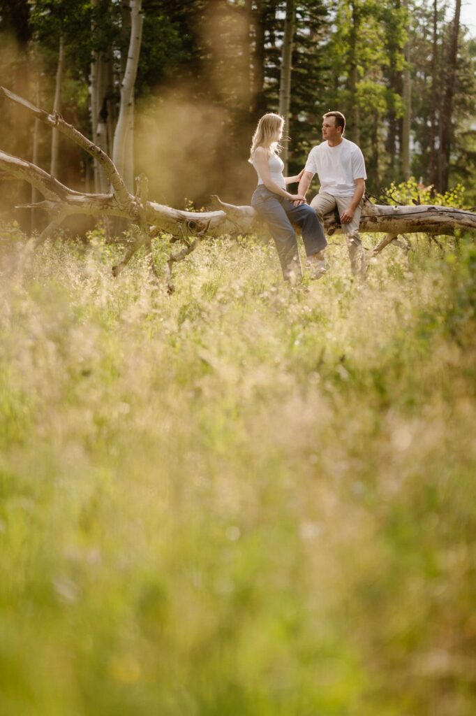 Couple taking maternity photos in a mountain meadow
