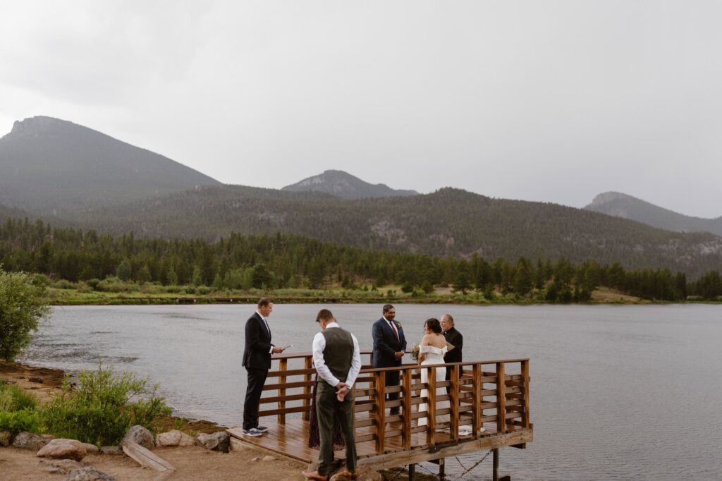 Lily Lake wedding on the dock at sunset