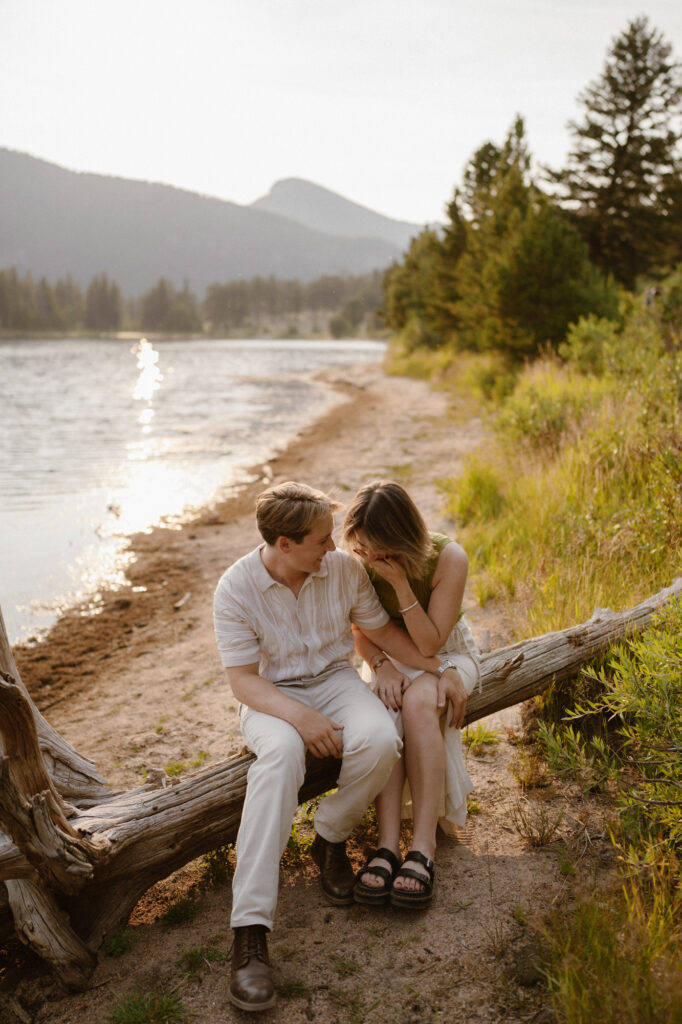 Estes Park engagement photos beside Lily Lake