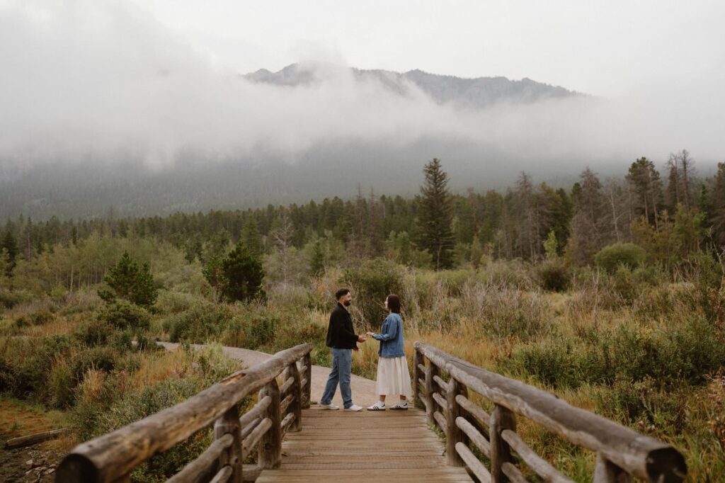 Engagement photos after a moody surprise proposal in the mountains