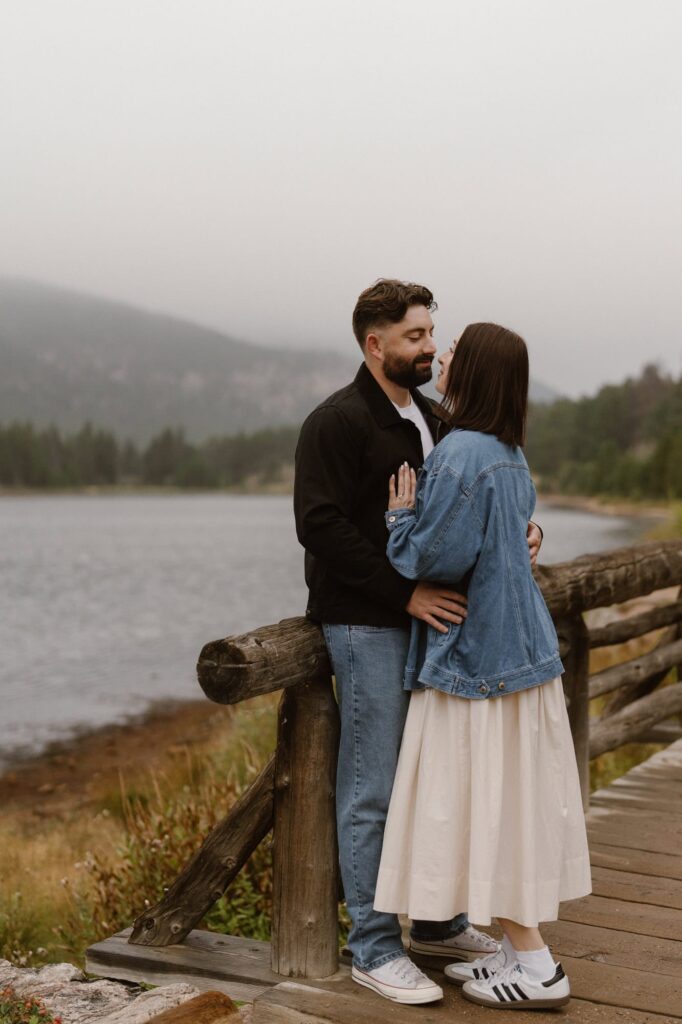 Romantic engagement photos after a surprise proposal at Lily Lake