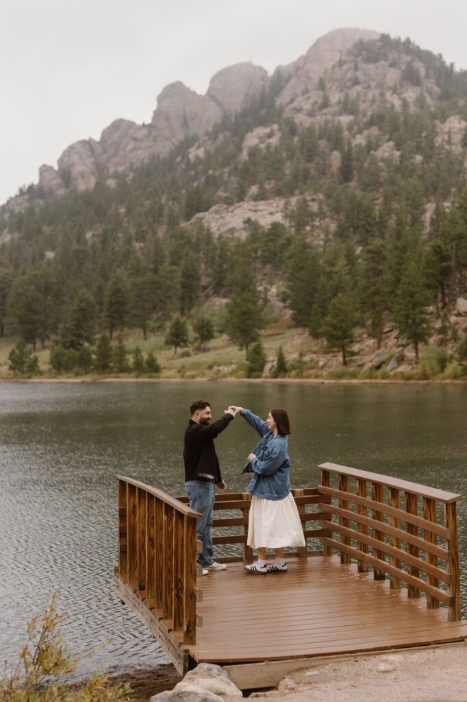 Lily Lake dock engagement photos on a moody September day