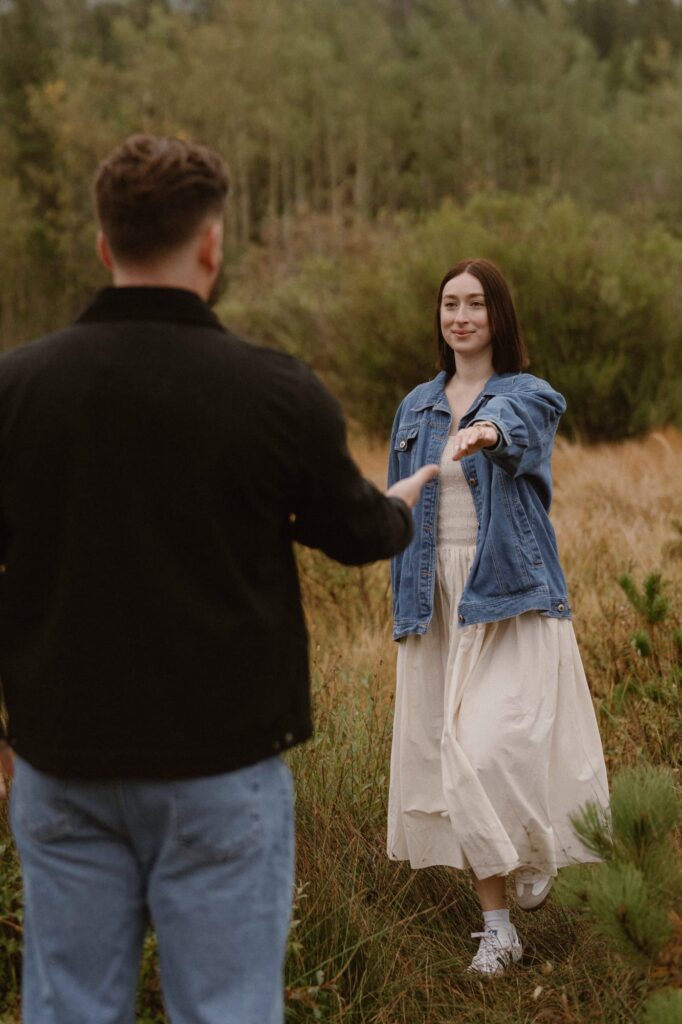 Romantic engagement photos on a foggy day in Estes Park