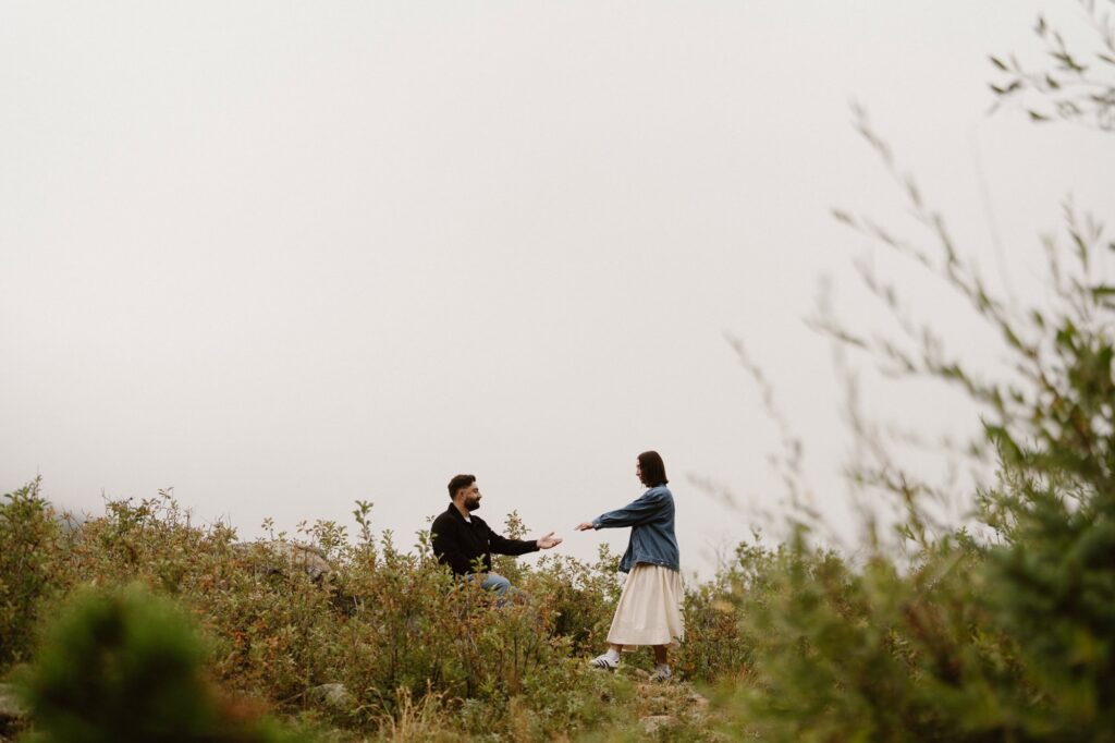 Hiking engagement photos at Lily Lake