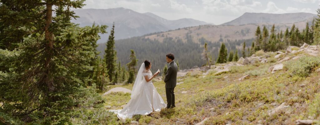 Summer elopement ceremony with mountain scenery in Colorado