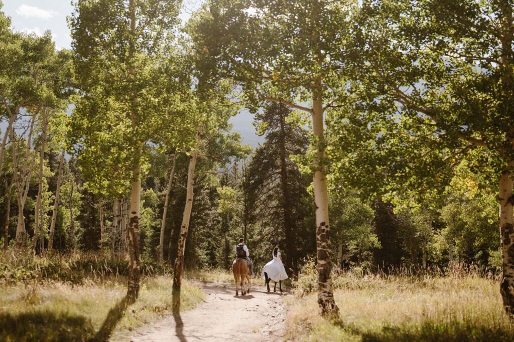 Bride and groom on horseback in Colorado mountains