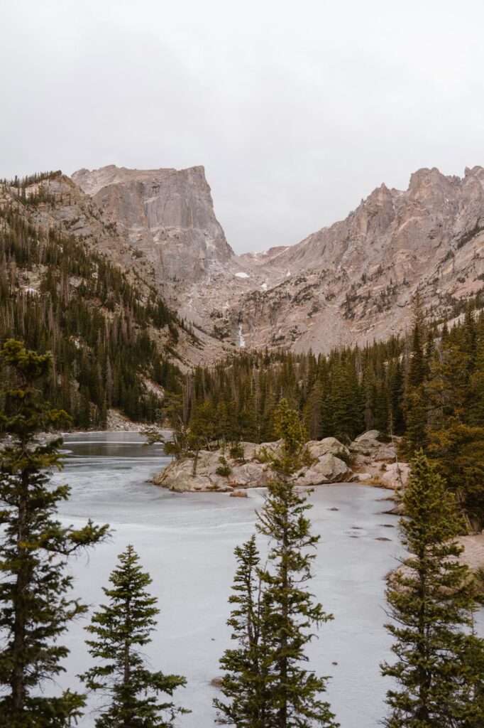 Frozen Dream Lake in November at sunrise