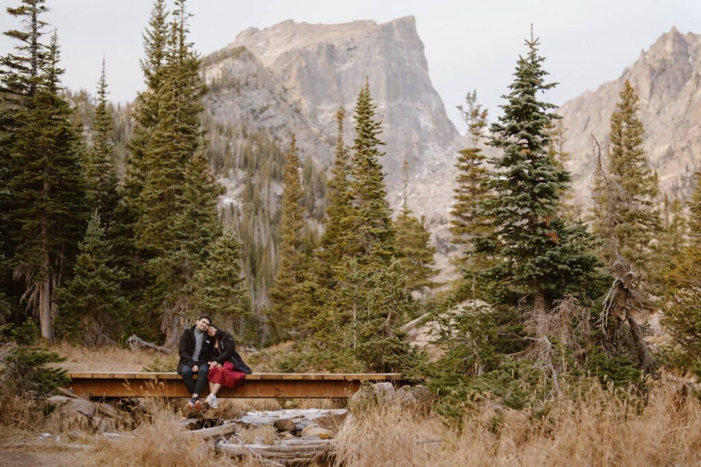 Dream Lake bridge engagement photos