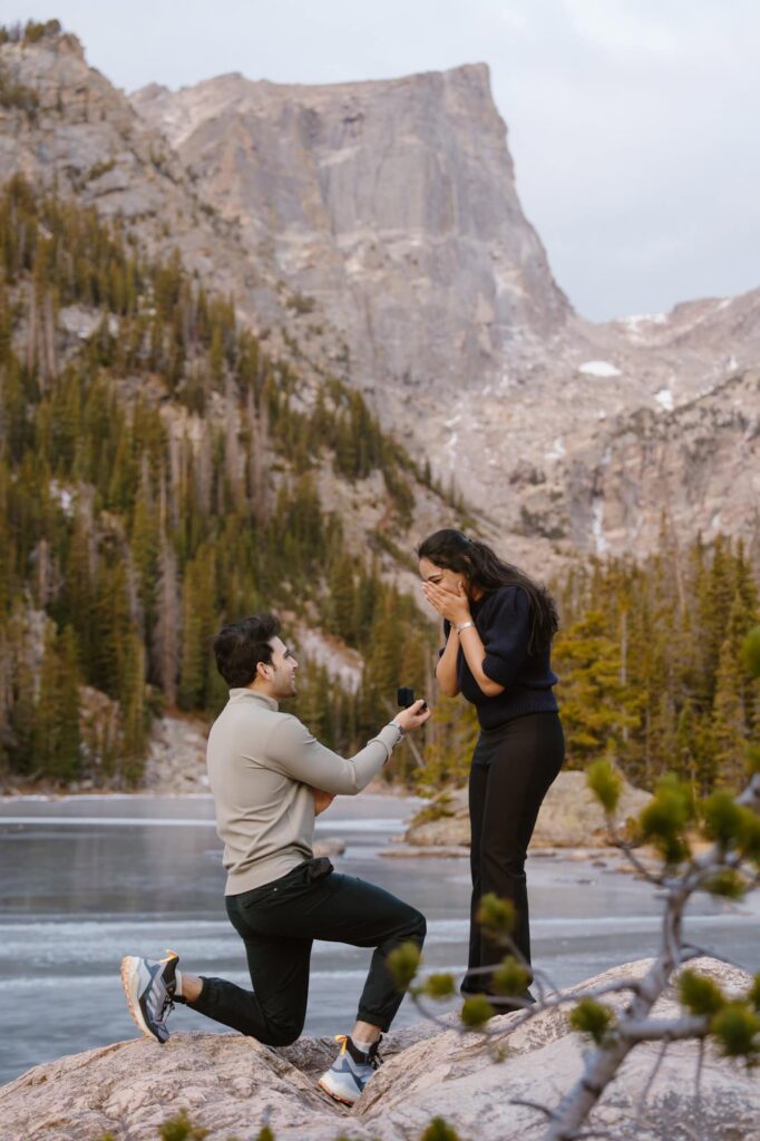 Winter surprise proposal at Dream Lake